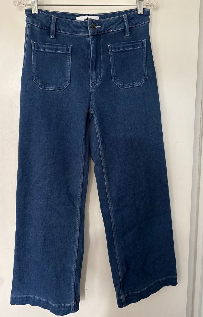 Mica Women's Jeans Wide Leg High Rise Patch Pocket Blue 27 Denim Stretch Boho